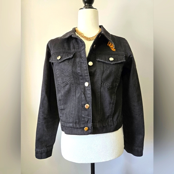 VALFRE Black Denim Jacket with Butterfly Back. Size Small - Picture 2 of 16
